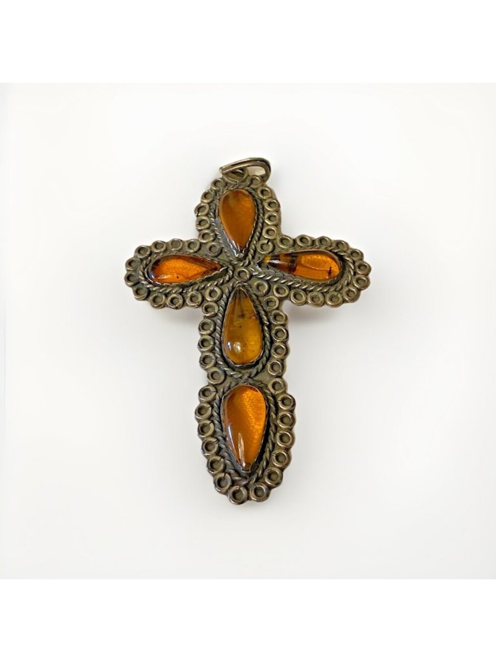Vintage Sterling Silver Mexico Ornate Cross Natural Amber Pendant